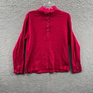 Lands End Womens Top 18/20 Red 100% Cotton Long Sleeve Henley Pullover Shirt